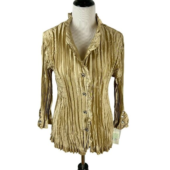 NEW‎ Y2K Agora Crinkle Pleated Shirt Women Plus 1X Gold Rhinestone Buttons Event - Picture 1 of 7